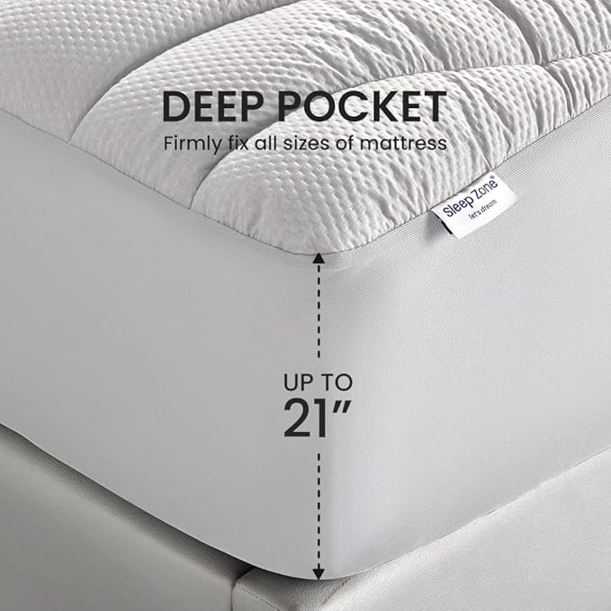 SLEEP ZONE Cooling Queen Mattress Topper for Single Bed, Premium Zoned Quilted Mattress Pad, Fitted Mattress Protector Cover, Machine Wash Durable, Deep Pocket 8-21 inch (Silver Grey, Queen)