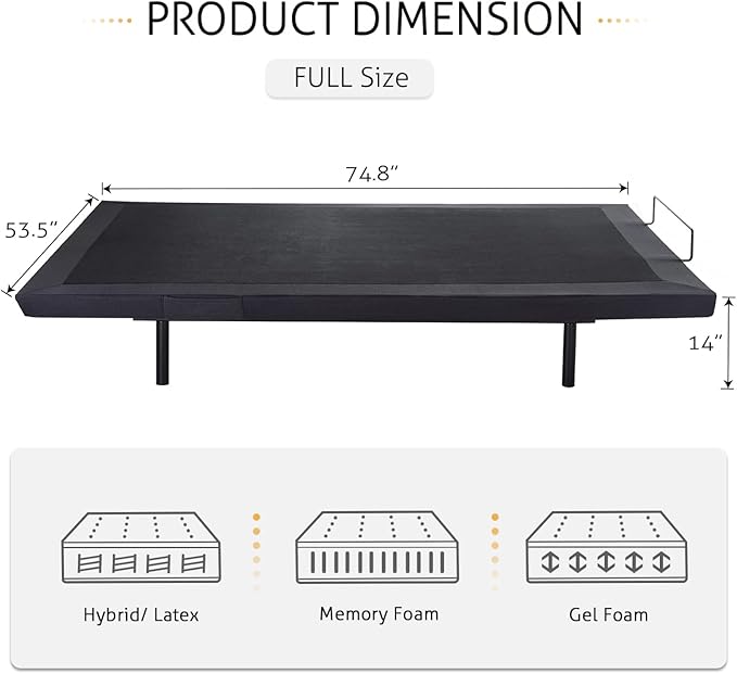SHA CERLIN Electric Adjustable Bed Base, Ergonomic Upholstered Full Size Bed Frame with Upgraded Motors and Wireless Remote Control, Independent Head and Foot Incline, Assembly Required