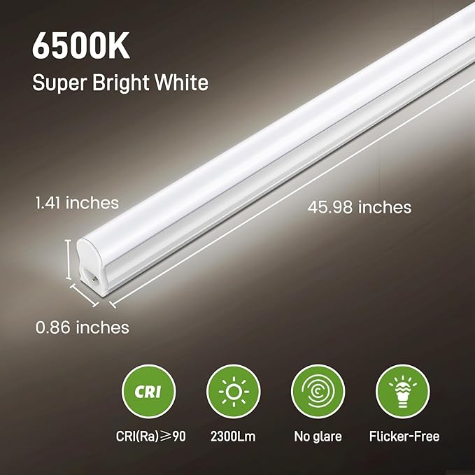 Pak 4FT LED Shop Lights, 2300LM 6500K Cool White, 20W Energy Efficient Linkable Ceiling and Under Cabinet Lighting, T5 Integrated Utility Fixture for Garage, Workshop, Basement, FCC Certified, 8 Pack