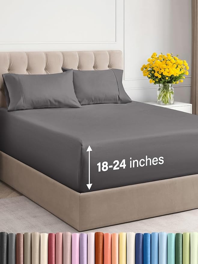 Extra Deep Twin XL Sheet Set - 4 Piece Breathable & Cooling Sheets - Hotel Luxury Bed Sheets Set - Easy & Secure Fit - Soft, Wrinkle Free & Comfy Sheets Set - Grey Sheet Set with Extra Deep Pockets
