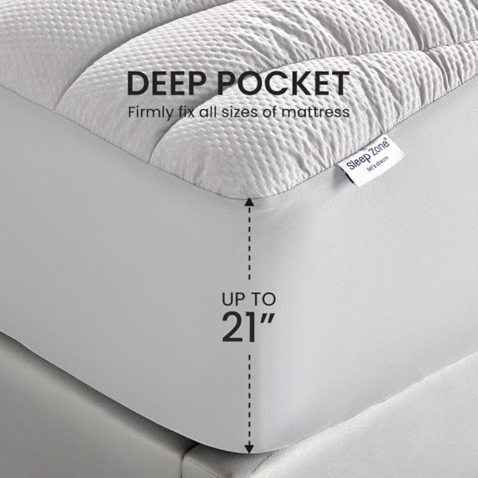SLEEP ZONE King Size Cooling Mattress Pad, Premium Zoned Quilted Fitted Mattress Topper, Elastic Mattress Protector Cover, Machine Wash Durable, Deep Pocket 8-21 inch, Silver Grey, King
