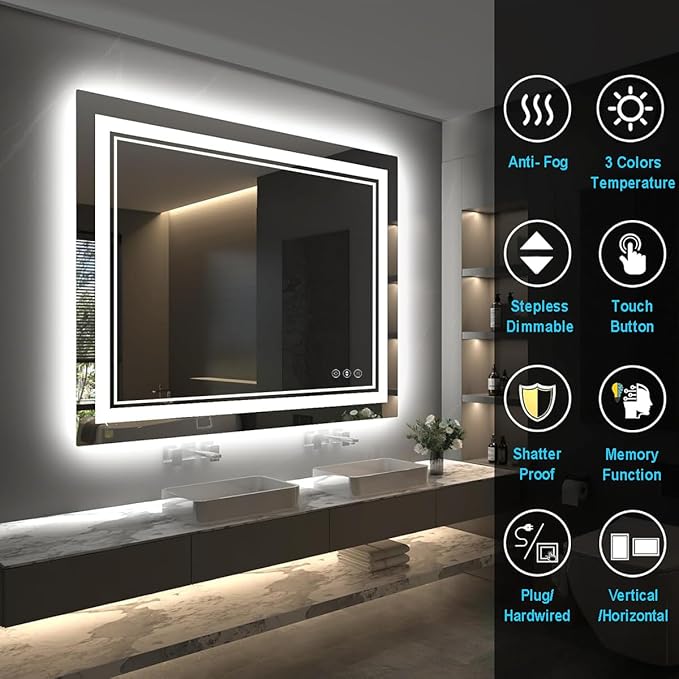 24x32 Inch LED Mirrors for Bathroom, Threefold Brightness 2 Front Lights + 1 Back Lit Mirrors for Bathroom Wall Restroom with Anti-Fog, 3Colors Stepless Adjusted, Safer Tempered Glass, Memory Function