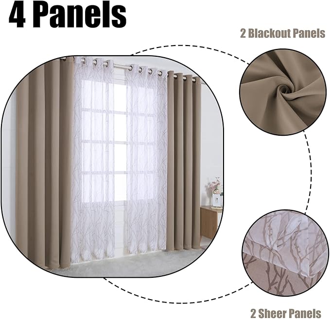 BONZER Mix and Match Curtains - 2 Pieces Branch Print Sheer Curtains and 2 Pieces Blackout Curtains for Bedroom Living Room Grommet Window Drapes, 37x95 Inch/Panel, Taupe, Set of 4 Panels
