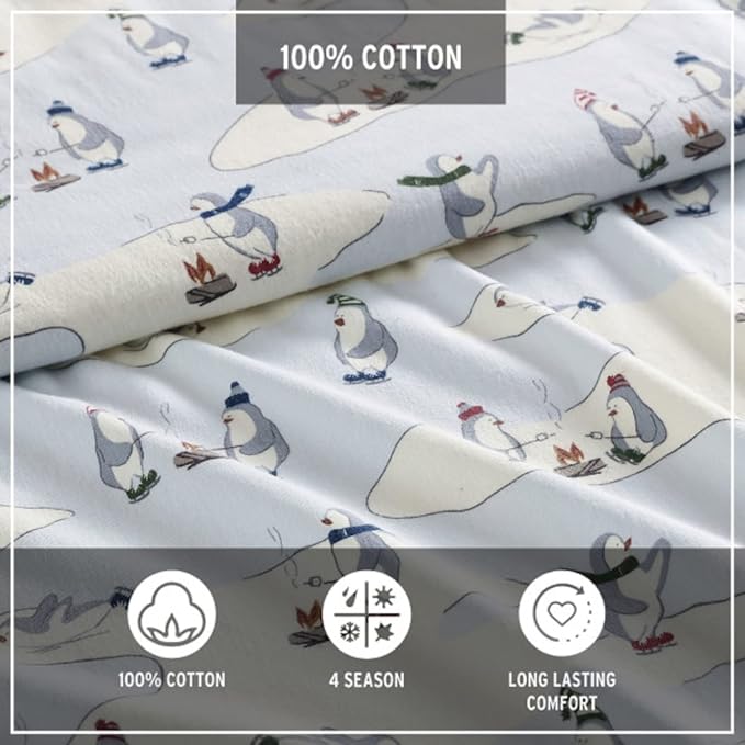 Eddie Bauer - Queen Sheets, Cotton Flannel Bedding Set, Brushed For Extra Softness, Cozy Home Decor (Skating Penguin, Queen)