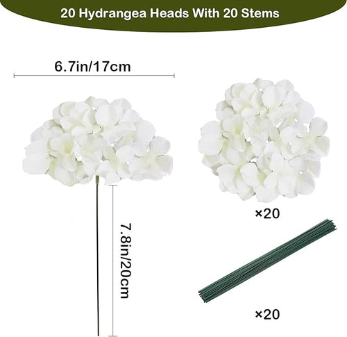 20 Pcs White Hydrangea Artificial Flowers Bulk, Faux Hydrangea Flowers Heads, Artificial Fake Silk Hydrangea Flowers with Stems, White Flowers Artificial for Decoration Wedding Décor
