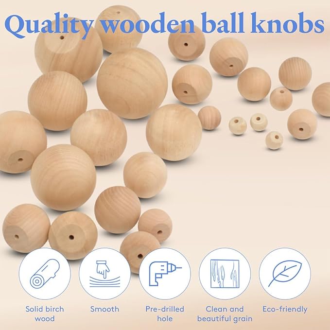 Wood Knobs, 1 Inch Round Natural Wood Drawer Pulls, Pack of 100 Unfinished Wooden Drawer Knobs, Ball Shaped Wood Cabinet Knobs, Nursery Dresser Knobs, Wood Door Knobs and Crafts