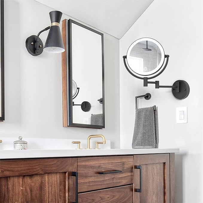 Brushed Brass Lighted Wall Mounted Mirror Magnifying 1×10×, 8-Inch Rechargeable Double Sided, Touch Dimmable Extended Arm 360 Rotation Cosmetic Mirror for Bathroom, Matt Black