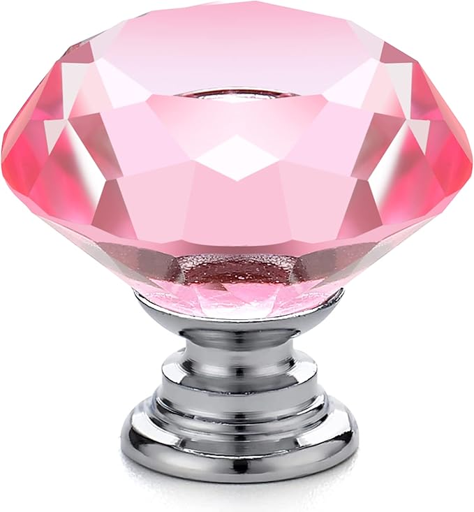 Ravinte 25 Pack Pink Crystal Knobs for Dresser Drawers - 30 mm Glass Cabinet Diamond Shaped Knobs with Silver Base