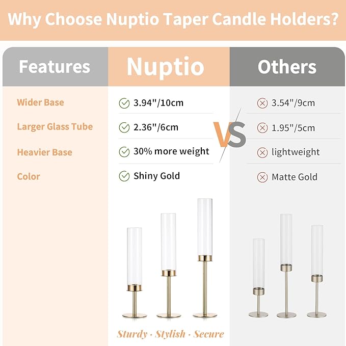 NUPTIO Gold Taper Candle Holders: Set of 3 Tall Hurricane Candlestick Holder with Open Ended Clear Glass Covers Long Stem Metal Candle Stick Stand for Fall Thanksgiving Christmas Table Decor