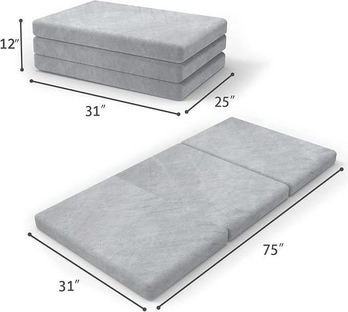 SINWEEK 4" Cot Memory Foam Folding Mattress with Storage Bag - Foldable Trifold Floor Bed Topper, CertiPUR-US Certified Guest Sleeping Pad, Machine Washable Cover