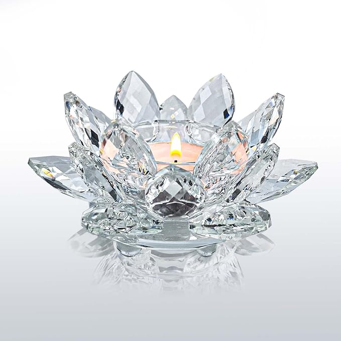 Crystal Lotus Flower Tealight Candle Holders/Glass Tea Light Candlestick Decor Decoration for Christmas Home Wedding Party… (Clean 1pc)