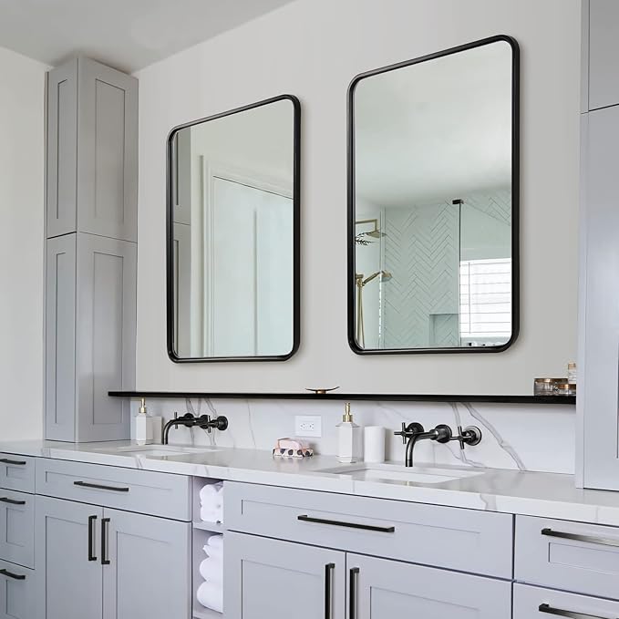 ANDY STAR Matte Black Mirror for Bathroom, 20x28 Inch Rounded Rectangle Mirror, Modern Vanity Mirror Tube Metal Frame HD Reflection Wall-Mounted Mirrors Vertically or Horizontally