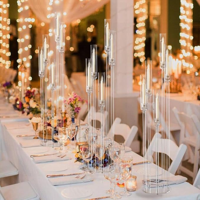 6pcs 5 Arm Candelabra,Acrylic Clear Floor Candelabra for Wedding Decor Tall Candle Holder for Table Centerpiece Ceremony Party Home Decoration, Fit 0.8 LED Candle