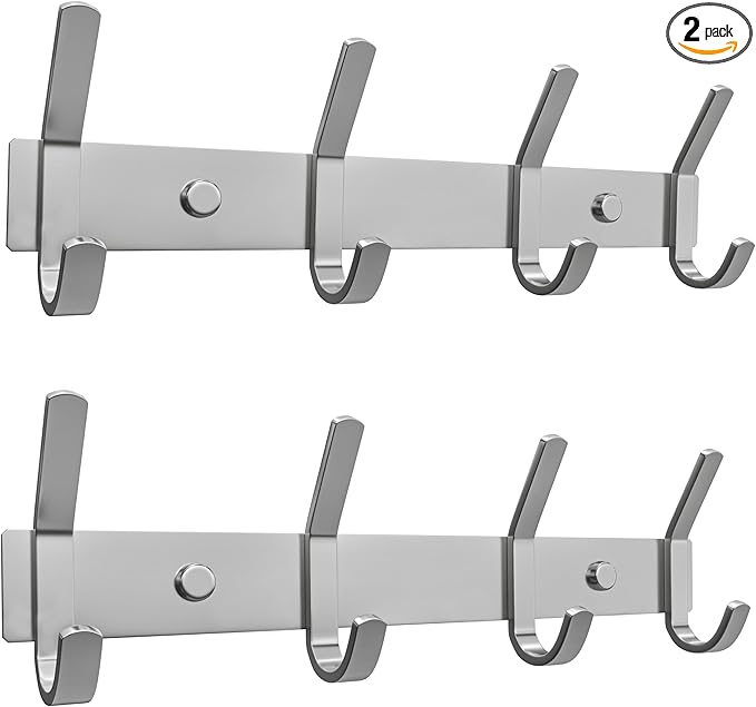 Brushed Nickel Coat Rack Wall Mount with 4 Double Hooks for Hanging – 12 Inch Heavy Duty SUS304 Stainless Steel Rustic Coat Hooks – Clothes, Purse, Towel Wall Hooks – 2 Pack