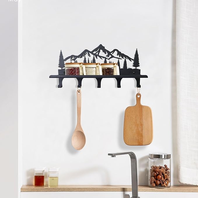 Key Holder for Wall, Metal Decorative Wall Mounted Mountain Key and Mail Holder with Shelf, 2 in 1 Key Hooks for Entryway, Front Door, Hallway, Key Organizer and Key Rack (10 Inches)