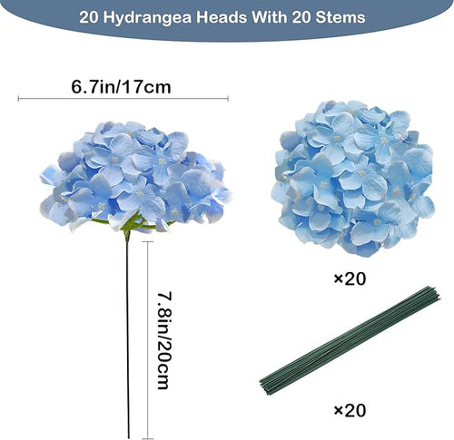 20 Pcs Blue Hydrangea Artificial Flowers Bulk, Faux Hydrangea Flowers Heads, Artificial Fake Silk Hydrangea Flowers with Stems, Blue Flowers Artificial for Decoration Wedding Décor