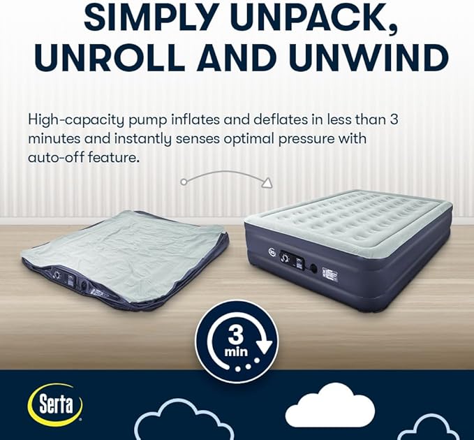 Serta Raised Air Mattress with Never Flat Pump | Luxury Inflatable Mattress with Built in Air Pump to Ensure a Good Night’s Rest | Heavy Duty Blow Up Mattress with Self Inflating Pump