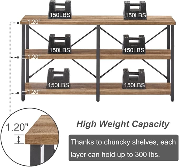 BON AUGURE Console Tables for Entryway, Industrial Sofa Table Behind Couch, 3 Tier Hallway Table for Foyer, Horizontal Bookshelf for Living Room (55 Inch, Vintage Oak)