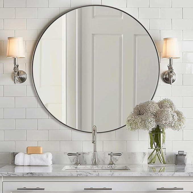 ANDY STAR Round Bathroom Mirror, 24’’ Brushed Silver Round Bathroom Mirrors in Stainless Steel Metal Frame 1" Deep Set Design