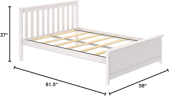 Max & Lily Full Size Bed Frame with Slatted Headboard, Solid Wood Platform Bed for Kids, No Box Spring Needed, Easy Assembly, White