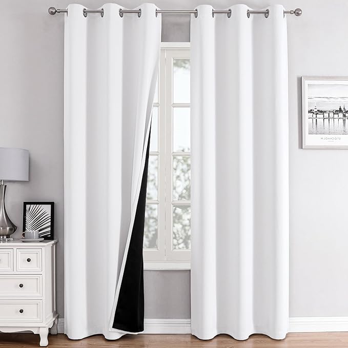 ChrisDowa 100% Blackout Curtains 72 inch Long for Bedroom with Black Liner, 2 Thick Layers Total Blackout Thermal Insulated Grommet Window Curtains 2 Panels Set (Pure White, 42 x 72 Inch)