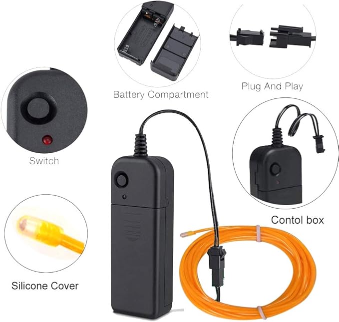 MaxLax EL Wire Yellow, 32.8ft/10m Portable Battery Pack Neon Light Strip 360° Cuttable Glowing Rope Lights for Parties, Halloween, DIY Decoration