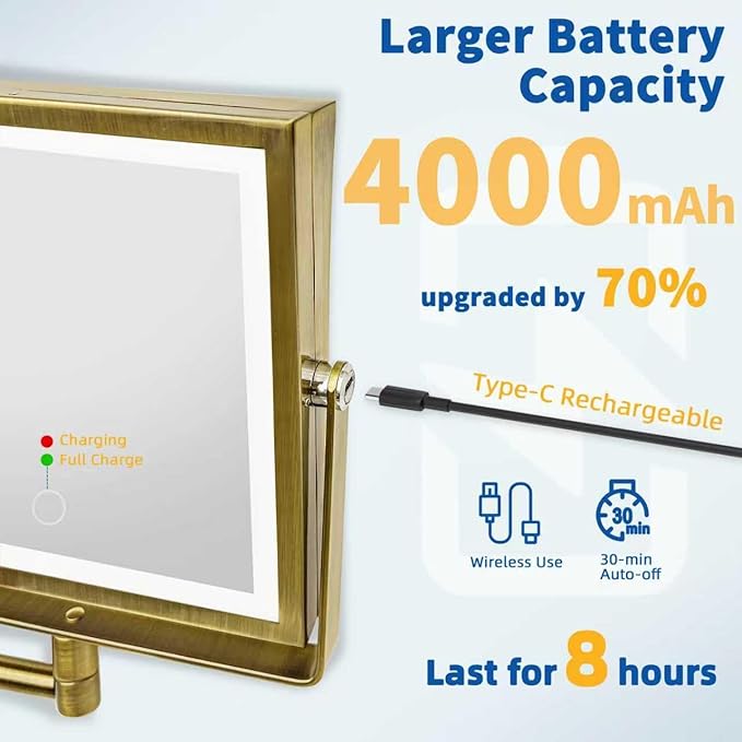 Ruacq Rechargeable Wall Mounted Makeup Mirror with Lights, Double Sided 1X/10X Magnifying Vanity Mirror with 3 Color Lights, Touch Screen Dimmable, 360° Rotation Extension Foldable Arm(Antique Brass)