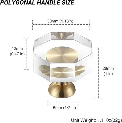 2-Pack 1-1/4-Inch Gold knob Dresser knobs White Cabinet Glass Crystal knobs Brass Drawer Polygonal Dresser Pulls, Drawer pulls