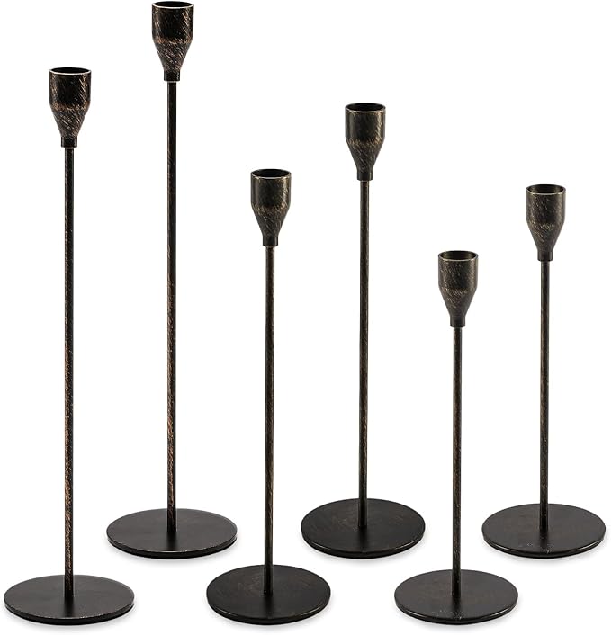 Black Taper Candle Holders: Tall Candlestick Holder Set of 6 Fireplace Mantle Decor Dinning Table Centerpiece Metal Candle Stand Halloween Decorations