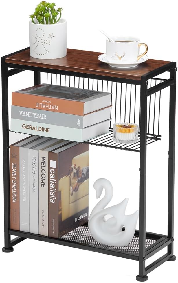 Small Side Table for Small Spaces - Slim End Table with Magazine Holder - 2 in 1 Design Narrow End Table Living Room - Skinny Bedside Table Nightstand Bedroom Thin Side Table, Cherry
