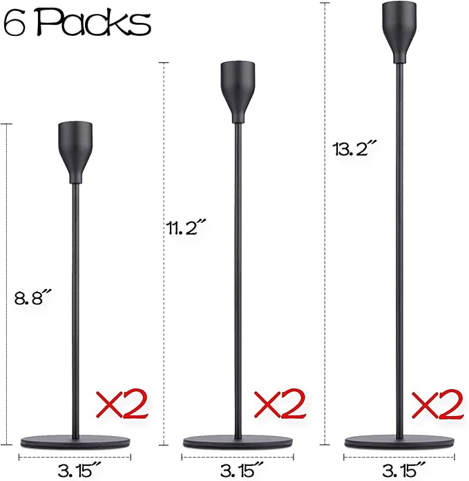 Matte Black Taper Candle Holder Set of 6, Tall Candlestick Holders, Metal Vintage Candle Stickers Long Holder Set, Pillar Decorative Candle Holder Fits 3/4 Inch Candle for Wedding, Dinner, Party