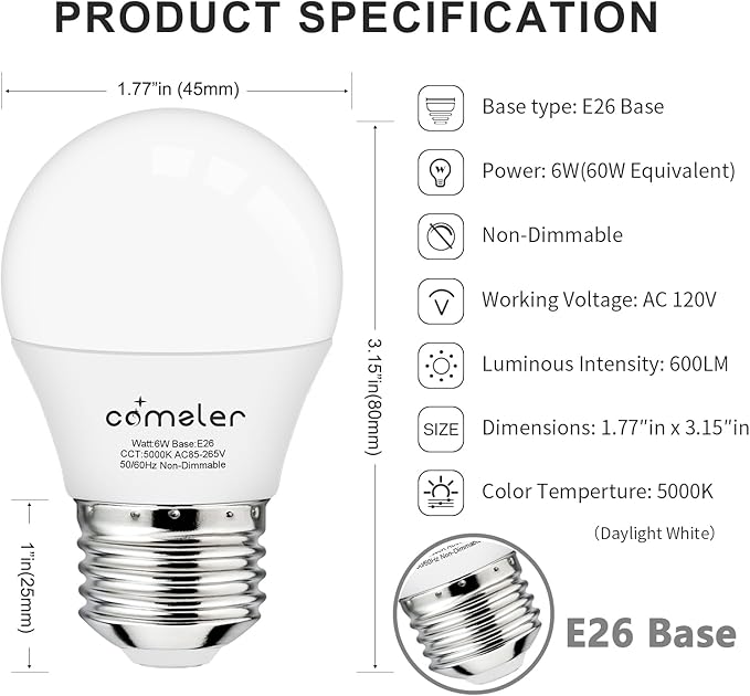 comzler 6W A15 LED Bulb Daylight 60 Watt Equivalent, E26 Medium Screw Base Small Light Bulb Cool White 5000K, Home Lighting Decorative Ceiling Fan Light Bulbs Non-Dimmable(Pack of 6) …