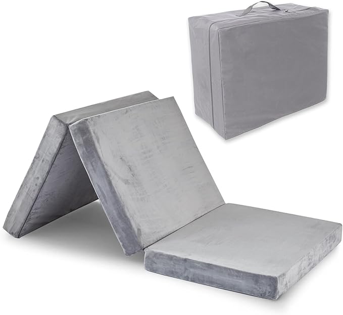 SINWEEK 4" Cot Memory Foam Folding Mattress with Storage Bag - Foldable Trifold Floor Bed Topper, CertiPUR-US Certified Guest Sleeping Pad, Machine Washable Cover