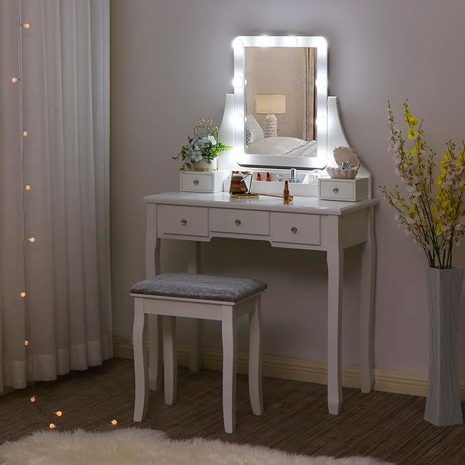 BEWISHOME Makeup Vanity Desk with Lights,Girls Vanity Set with Mirror and Stool,Small Vanity Desk with 5 Drawers,3 Light Settings,Adjustable Brightness,Dressing Table for Bedroom,White FST08W
