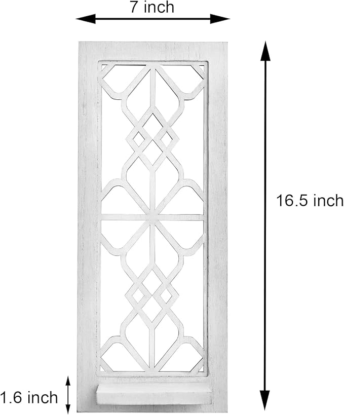 Wood Wall Sconce Candle Holder Set 2, Rustic Wall-Mount Candle Holders, Farmhouse Hanging Wall Décor, Carved Wood Frame, Mirrored Candle Holder (Distressed White)
