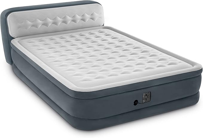 Intex 64447ED Dura-Beam Deluxe Ultra Plush Air Mattress with Headboard: Fiber-Tech – Queen Size – Built-in Electric Pump – 18in Bed Height – 600lb Weight Capacity