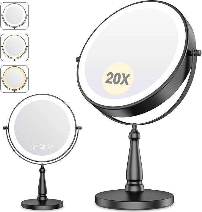 Makeup Mirror with Lights, 20X Magnifying Mirror with Light for Women, 5000 mAh Vanity Mirror with Lights and 3 Colors, 2-Sided Lighted Magnified Mirrors for Delicate Makeup, 9 Inch, Black