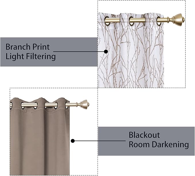 BONZER Mix and Match Curtains - 2 Pieces Branch Print Sheer Curtains and 2 Pieces Blackout Curtains for Bedroom Living Room Grommet Window Drapes, 54x95 Inch/Panel, Taupe, Set of 4 Panels