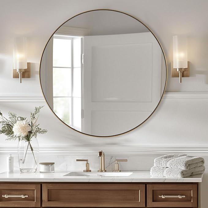ANDY STAR Gold Round Mirror, Brushed Gold Round Bathroom Mirror, Brass Circle Mirror 32 inch, Modern Vanity Mirror in Stainless Steel Metal Frame for Home Decor, Entryway, Living Room