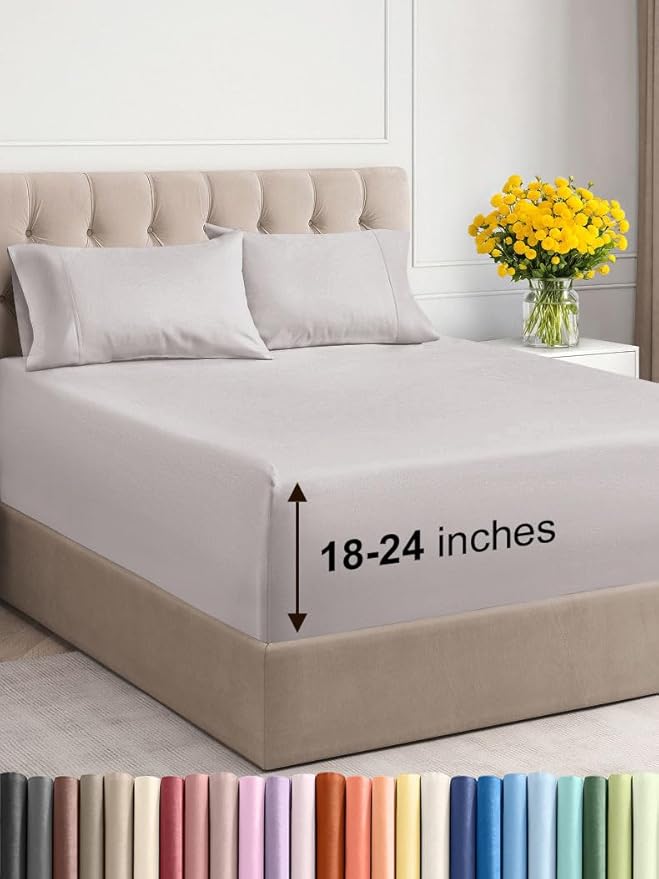 Extra Deep Twin XL Sheet Set - 4 Piece Breathable and Cooling Sheets - Hotel Luxury Bed Sheets Set - Easy Fit - Soft, Wrinkle Free and Comfy Sheets Set - Light Grey Sheet Set with Extra Deep Pockets