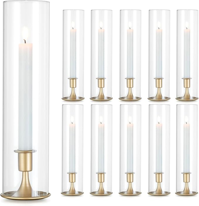Romadedi Hurricane Candlestick Holders Gold - 10 Pcs Taper Candle Holders Bulk Tall Clear Glass Cylinder for Wedding Table Centerpieces Party Decor Birthday Christmas Home Decorations