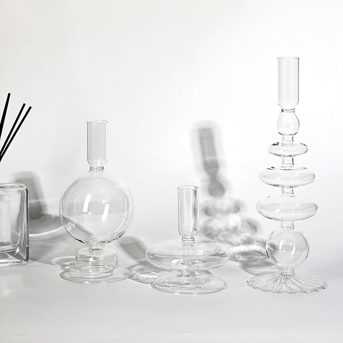 Rtteri 3 Pcs Glass Candlestick Holders Glass Candle Holders Groovy Wavy Elegant Taper Candle Stick for Wedding Home Birthday Party Christmas Halloween Decoration Windowsill Decor(Clear)