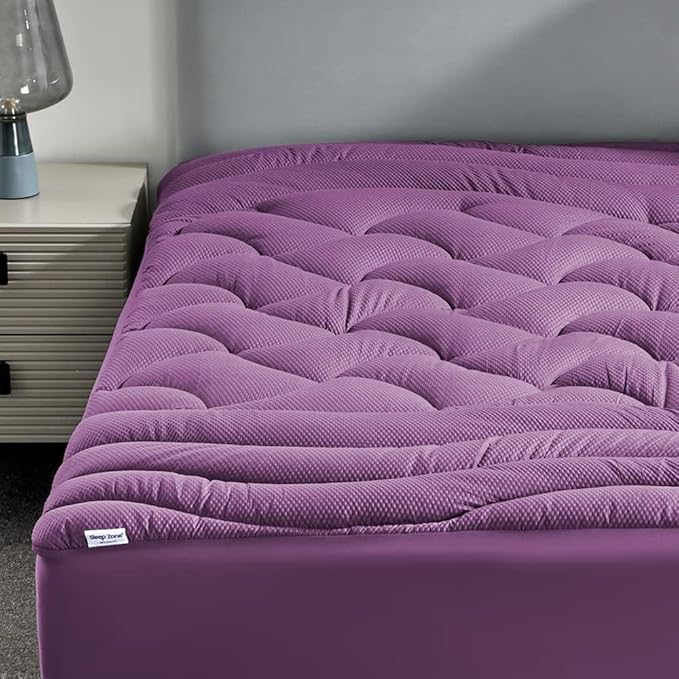 SLEEP ZONE Cooling Twin Mattress Topper for Single Bed, Premium Zoned Quilted Mattress Pad, Fitted Mattress Protector Cover, Machine Wash Durable, Deep Pocket 8-21 inch, Purple, Twin