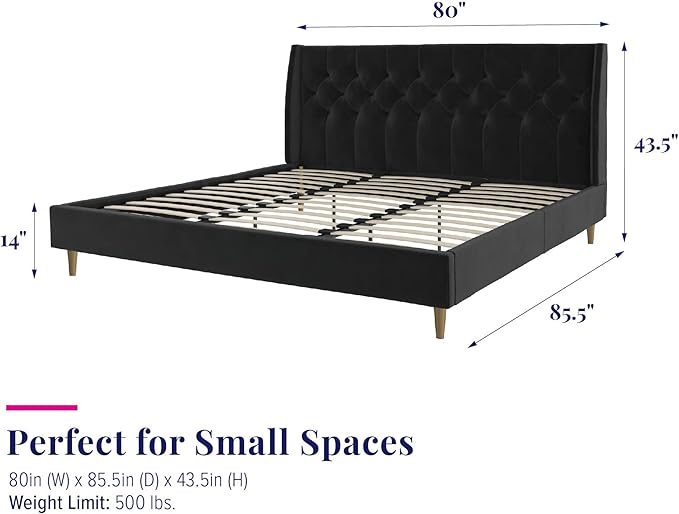 Novogratz The Her Majesty Upholstered Bed, King, Black Velvet