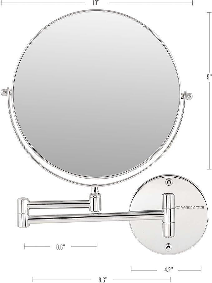 OVENTE 9" Wall Mounted Makeup Mirror with 1X/7X Magnification, Double Sided Magnifying Round Bathroom Vanity Mirror, 360° Swivel Design, Extendable and Folding Arm, Polished Chrome MNLFW90CH1X7X