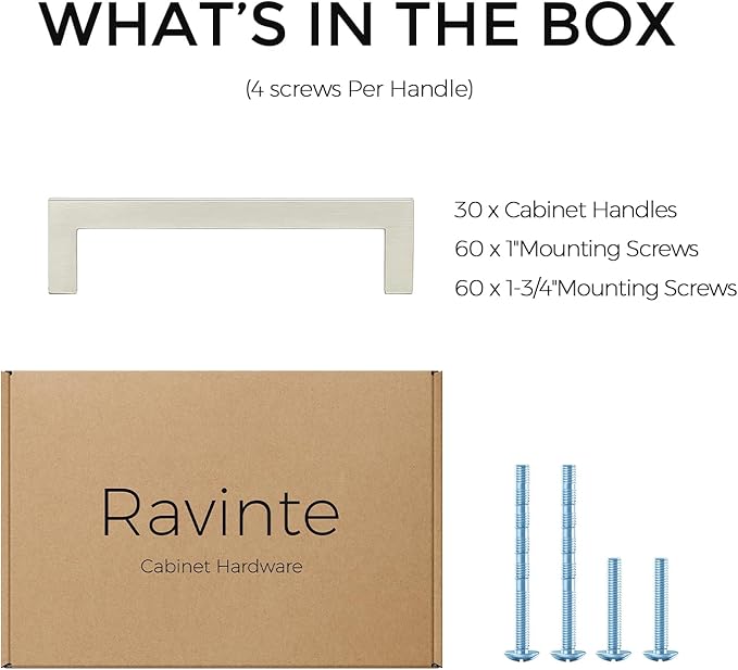 Ravinte 30 Pack Solid 4 Inch Center to Center Slim Square Bar Drawer Handles - Cabinet Hardware Brushed Nickel Pulls for Kitchen and Drawers