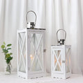 TRIROCKS Set of 2 Farmhouse Wood Lantern 17.5''&24.5'' Metal Decorative Outdoor Lantern with Tempered Glass Rustic Candle Holder for Thanksgiving Christmas Patio Garden Indoor Outdoor(White Rectangle)