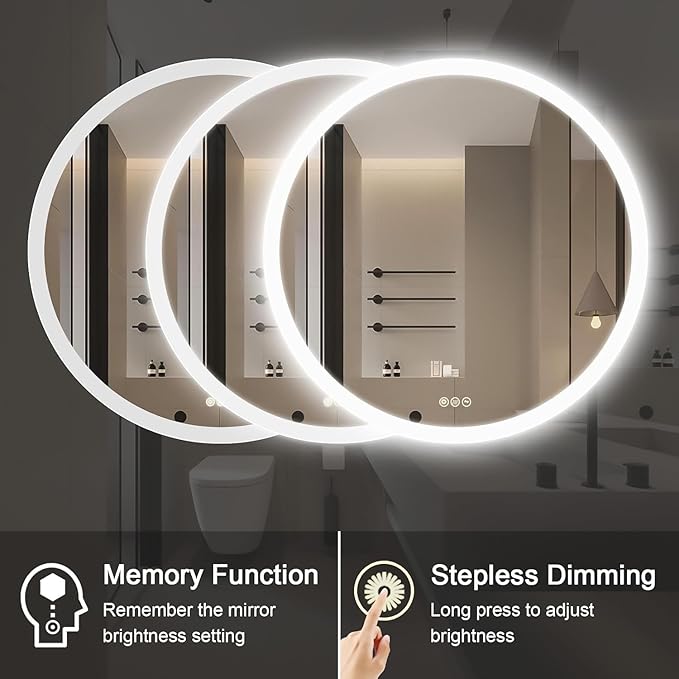 Wall-Mounted LED Round Bathroom Mirror, Makeup Mirror (36inches x36 inches,) 3 Color Stepless Dimmable Memory Bathroom Vanity Mirror with Lights CRI90+ 3000-6400K Smart Mirror with Touch