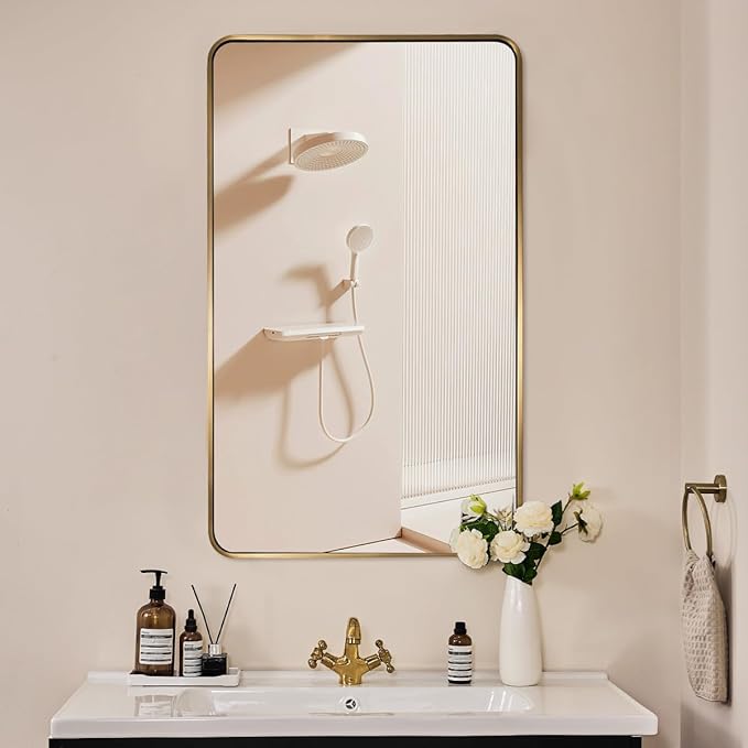ANDY STAR 24x40 Inch Gold Bathroom Mirror, Rounded Rectangle Mirror, Brushed Brass Bathroom Vanity Mirror Oblong Tube Metal Framed, SUS304-Anti-Rust, Wall-Mounted Horizontal/Vertical 1’’ Deep
