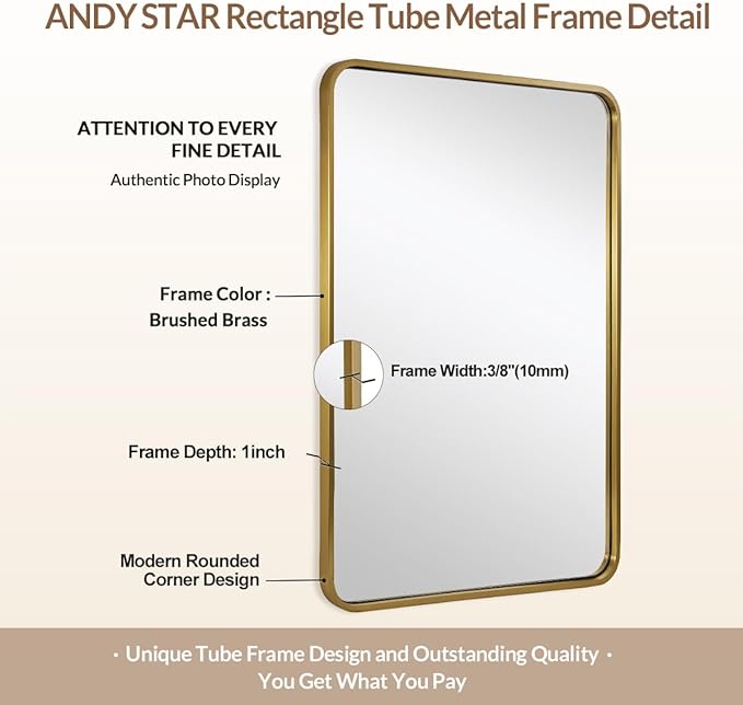 ANDY STAR Brass Mirror Bathroom, 22x30’’ Rounded Rectangle Mirror, Brushed Gold Bathroom Vanity Mirror Non-Rusting SUS304 Metal Tube Frame 1’’ Deep Wall-Mounted Mirrors Vertical/Horizontal
